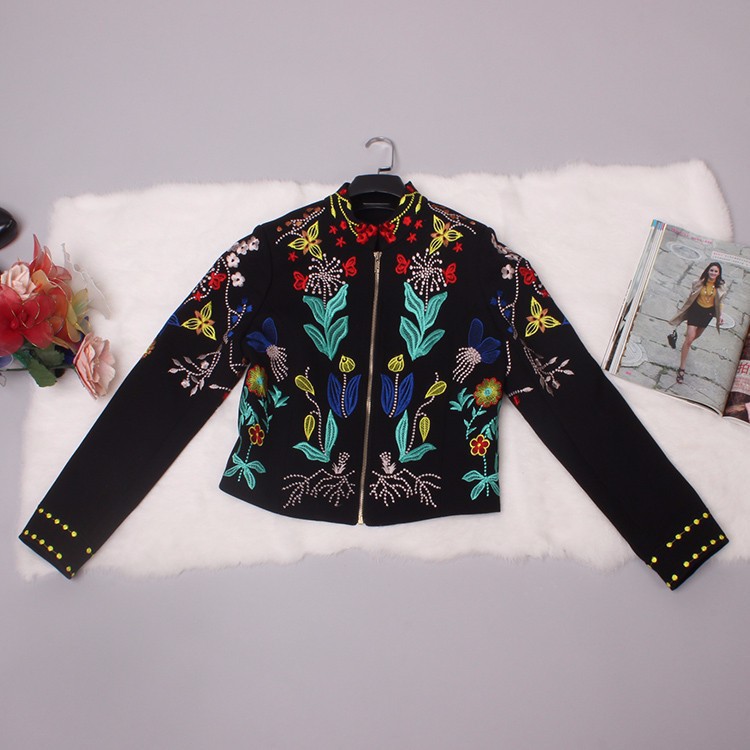Vintage Jacket 2015 Autumn-Winter New Fashion Runway Coat Full Sleeve Heavy Flower Embroidery Black Brand Jacket Women