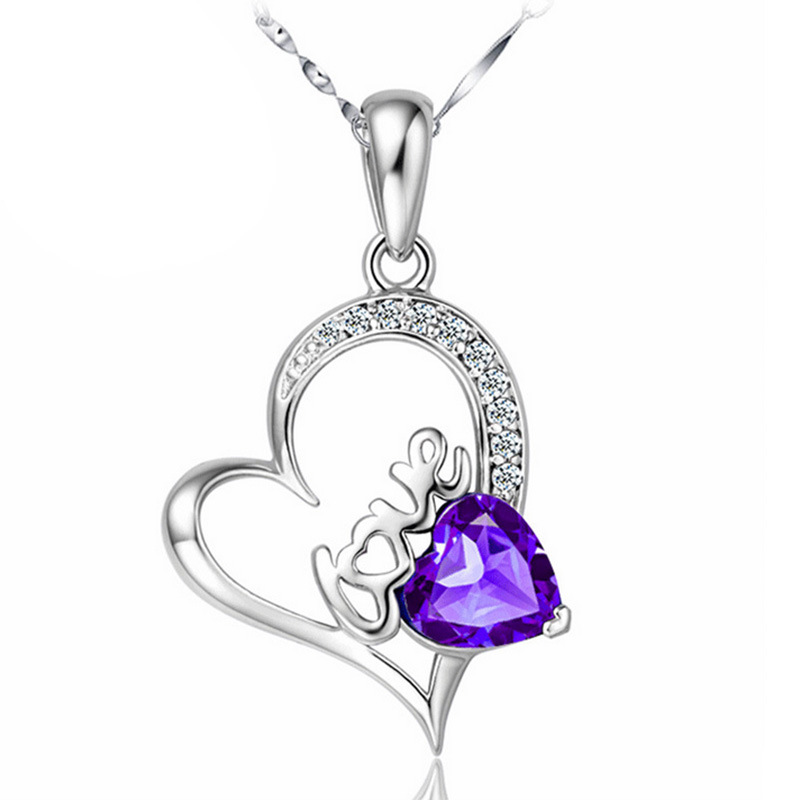 Fashion allergy free silver plated necklace pendant for women amethyst heart necklace jewelry for lady free shipping 