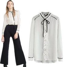 2016 New ZA design lady ruffled collar black bow tie color matching blouse shirt elegant fashion blusas women chiffon blouse