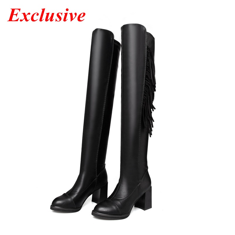 2015 Woman Tassel Knee Boots Winter Short Plush Full Grain Leather Pointed Toe Long Boots High Quality Slip-On Tassel Knee Boots