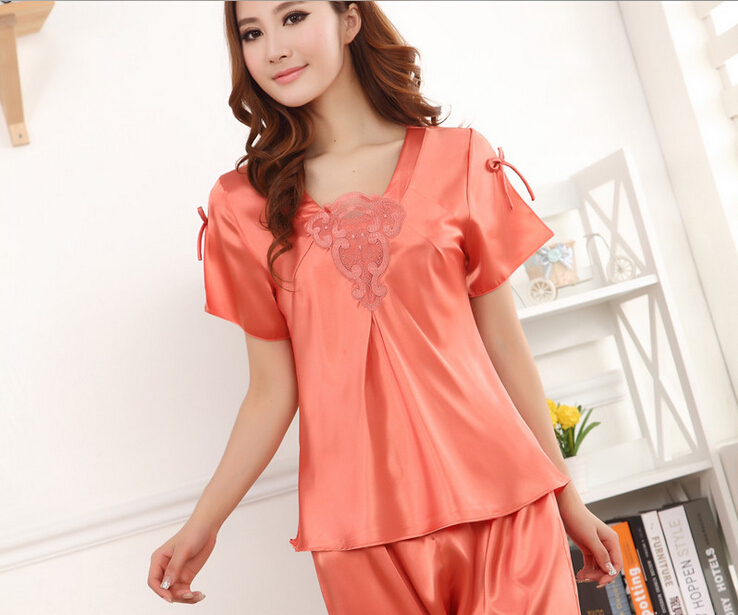 Free Shipping Women Silk Lace V Neck Short Sleeves Orange Pink Red 