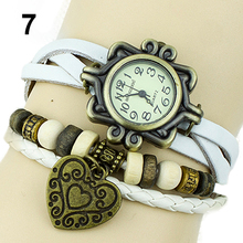 Mujeres reloj Retro de cuero de la pulsera del corazón decoración relojes de pulsera de cuarzo 15MN