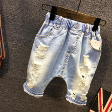2016 Summer Children Jeans Pants Knee Length Boys Girls Denim Pants Cute Holes Kids Trousers 3-7Years