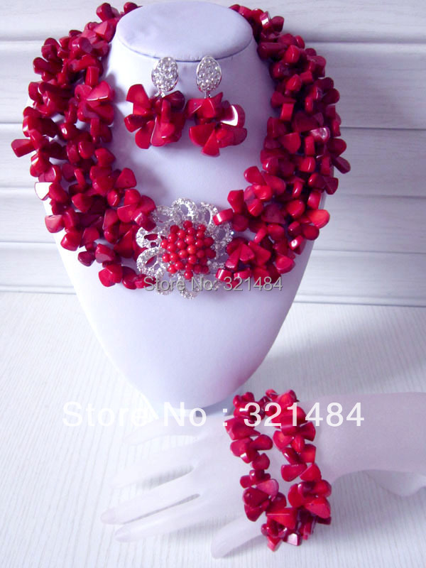Nigerian African Wedding Beads Jewelry Set Pink Coral Beads Jewelry Set Necklace Bracelet and Clip Earrings CJS-255