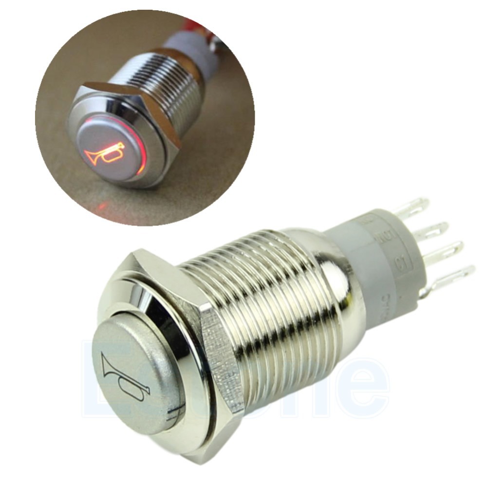 Free Shipping New 12V LED Momentary Horn Button Metal Switch 16mm Push Button Lighted Switch