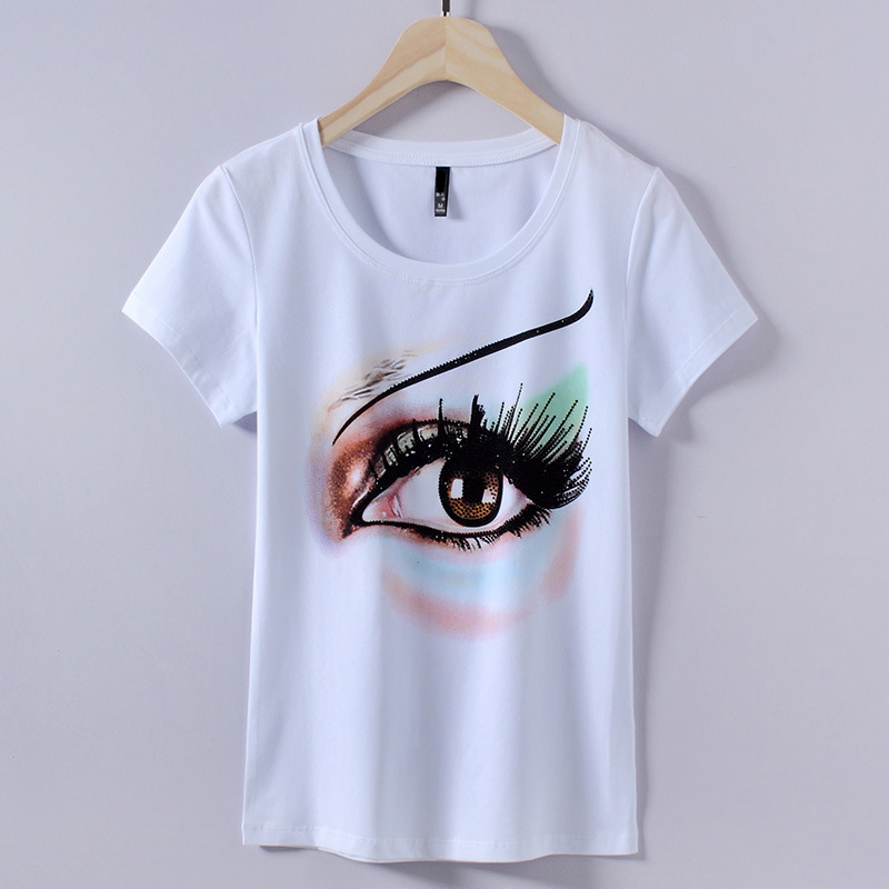 Women-2017-Summer-Short-Sleeve-diamond-eyelash-Print-T-shirts-Fashion-slim-White-black-Top-Tees