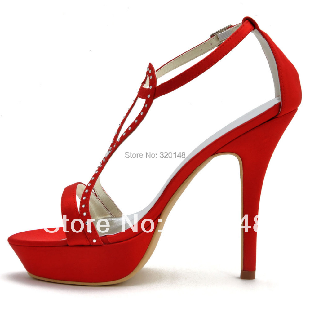 Sandalias rojas para WomenSummer EP2118 PF Abierto Toe T straps Satén Rojo Ultra Alto Talón Rhinestone Atractivo Bombea Los Zapatos Del Partido en Sandalias