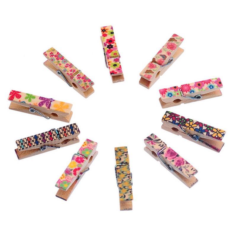 50PCs Mixed Wooden Photo Paper Clips Floral Painted DIY Hanging Decor 3.5x0.9cm Office