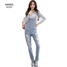 2016 New women jumpsuit denim overalls brand women denim Salopette pants jeans coverall with holes romper /macacao feminino