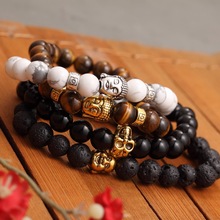 New Fashion Men’s Bracelet Gold Silver Buddha skull Elastic Black Color Beaded Tibet Charm Lucky bracelets for women 0228