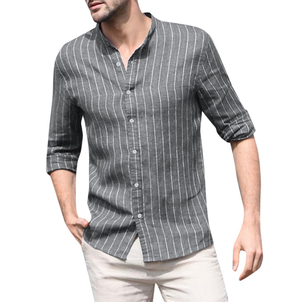 Men's Baggy Cotton Linen Striped Long Sleeve Button Retro T Shirts Tops Blouses 