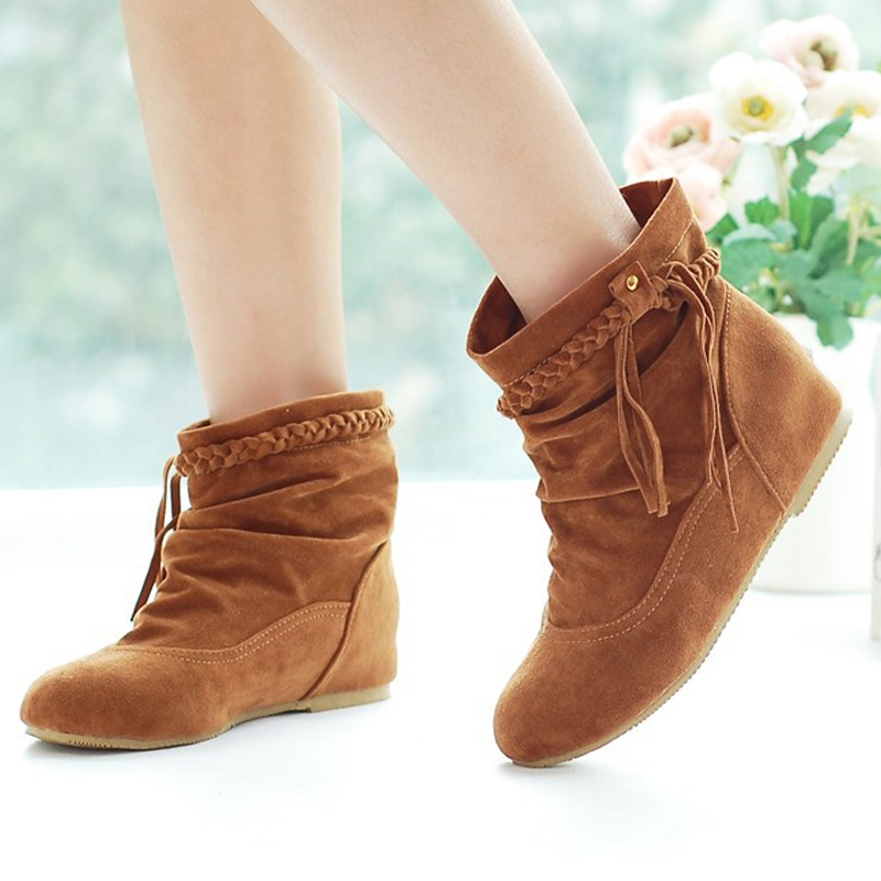 2016 New Fashion Women Braided Tassel Flat Comfortable Suede Leather Boots Round Toe Casual Boots Big