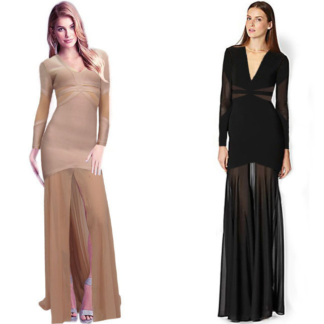 Free Shipping Long Sleeve Maxi Dress New Fashion 2015 Floor Length Gown Evening Elegant Black Chiffon Patchwork Deep V Dress