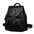 Tassels Ornament Backpack Women Fashion Genuine Leather Solid Color Plain Drawstring Bag Preppy Style Casual Black