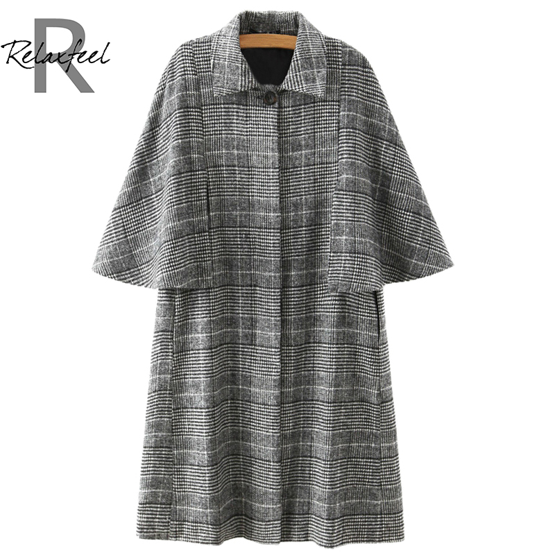 Relaxfeel Women s Grey Lapel font b Tartan b font Plaid Cloak Woolen Coats