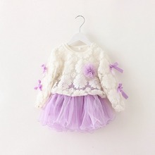 Autumn Long Sleeved O Neck Lace Flower Bow Kids Baby Bebe Girls Dresses Princess Ball Gown Tutu Birthday Party Dress MT380