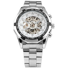 Ganador marca Silver del acero inoxidable 3ATM hombres impermeables de esfera blanca automático esquelético deportes mecánicos de pulsera de funcionamiento