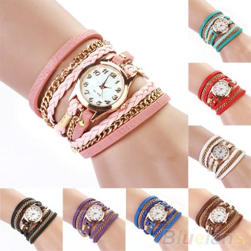 2014 New FAshion Hot Colorful Vintage women watches Weave Wrap Rivet Leather Bracelet wristwatches watch 0TR9