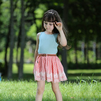 New Arrival Girl Clothing Casual Sets Include Lignt Green Solid Top With Pink Flower Skirt Kids Summer Clothes CS80718-2