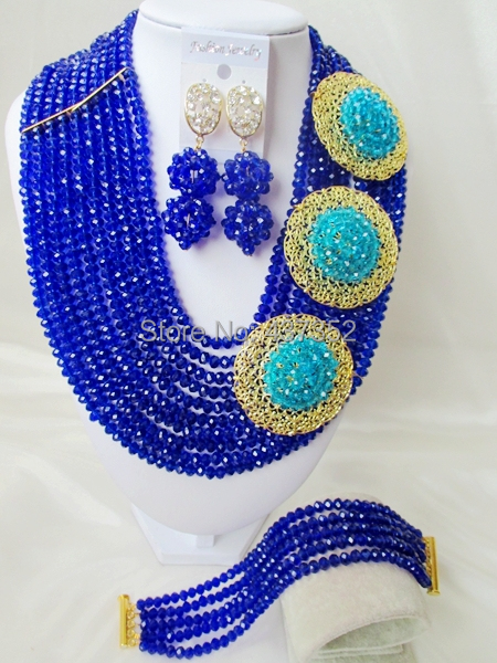 New Design Royal Blue Turquoise Blue Crystal Nigerian Necklaces African Beads Wedding Jewelry Set 2015 New Free Shipping NC207