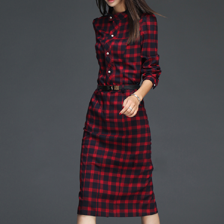 Hot New Women Autumn Red font b Plaid b font Full Sleeve Pocket Button Stand Slim