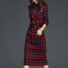 Hot New Women Autumn Red Plaid Full Sleeve Pocket Button Stand Slim Women Dress Fashion Sheath Sexy Dress High-quality Casual