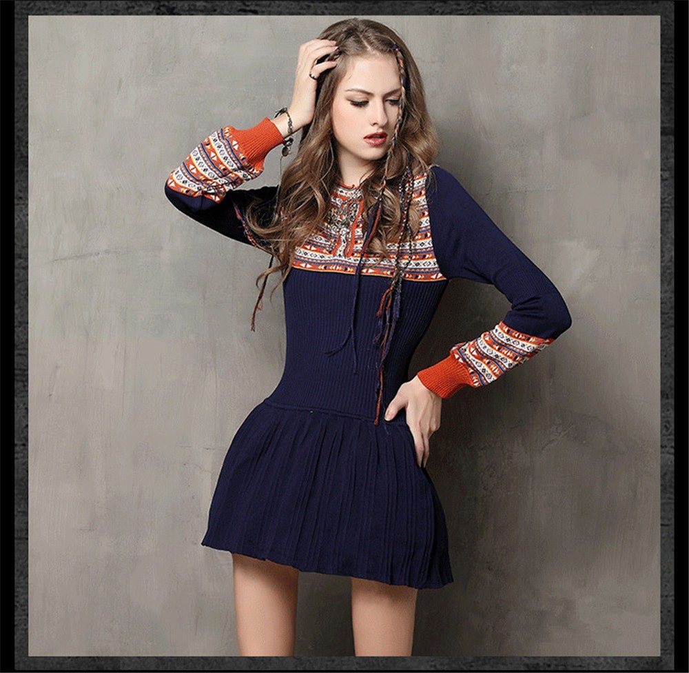 Vintage High Quality Winter Warm Cotton Dress Long Sleeve Vintage Pencil Dress Women Knitted Dress Vestido Pleated Dresses (8)