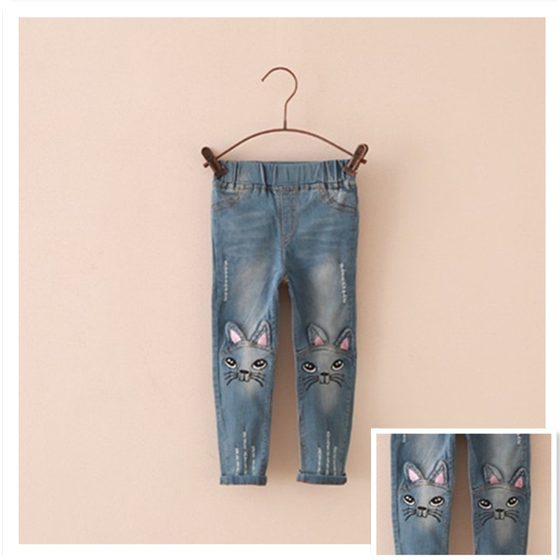 Retail 2015 New Summer Cat Cartoon Pattern Kids Jeans Fashion Cute High Quality Children Very Casual
