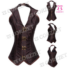 Brown Brocade Vintage Spiral Steel Boned Overbust Steampunk Corset Waist Training Sexy Corsets And Bustiers Women Gothic Corpete