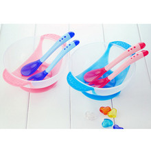 3Pcs Child Tableware Baby Kids Sucker Dishes with Temperature Sensing Spoon Set