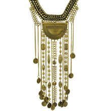 N1828 New freepeopl Ethnic jewelry Long Tassel Caving Beads coin statement necklace antique silver and gold