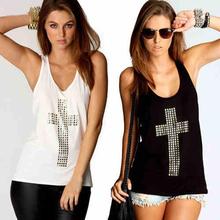 European Women Sleeveless Scoop Neck Cross Vest Tank Tops Hollow Back T Shirt Summer L4