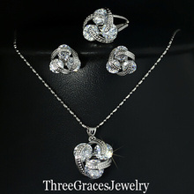 New Style 925 Sterling Silver Jewellery Units Clear Cubic Zirconia Diamond Knot Earrings Necklace And Ring Set For Ladies JS124