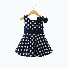2016 Summer New Girl Dress Bowknot Polka Dot Sundress Princess Dresses Navy Blue Sleeveless Vest Children’s Girl’s Clothing