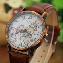 2016 Rushed Glass New Fashion Design Men Vintage World Map Roman Dial Analog Leather Strap Quartz