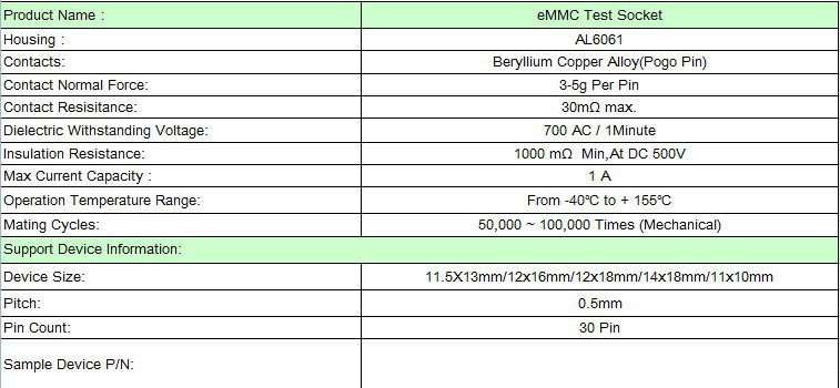 eMMC Test Socket SD adaptor specification
