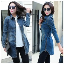 Vintage Women Denim Jacket 2016 Woman Casual Washed Jean Jacket Slim Holes Zipper Long Jean Coat Outwear Female Clothing S-XXL