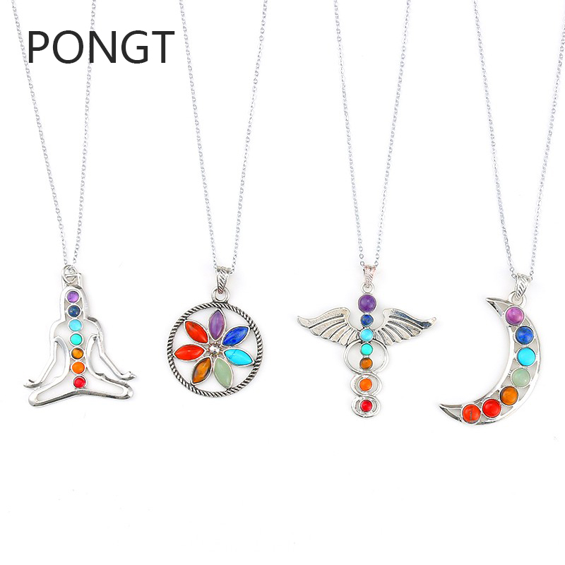 7 Chakra Stones Reiki Pendentif Point De Guérison Arbre De Vie 7 pierres de Chakra Reiki point de guérison pendentif arbre de la vie charme Ankh Yoga bijoux semi Pierre précieux collier Sms F A S H I O N