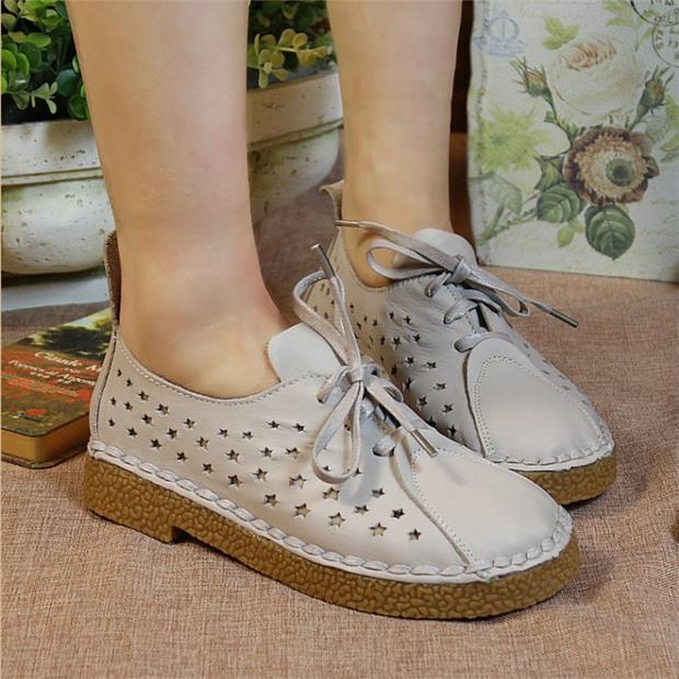 Vintage handmade women's shoes cutout genuine leather shoes lacing fashion preppy style casual shoes female flats free shipping