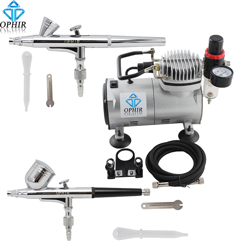 OPHIR 110V,220V 2 Sets Double Dual Action Airbrush Kit with Air Compressor for Nail Art Airbrushing  #AC089+AC004+AC073