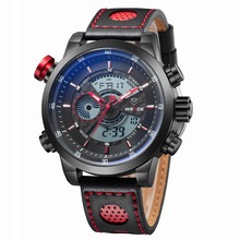 Weide WH-3401 Men ‘ de lujo genuino correa de cuero del cuarzo Digital LCD luz trasera militar pulsera del deporte – negro + rojo