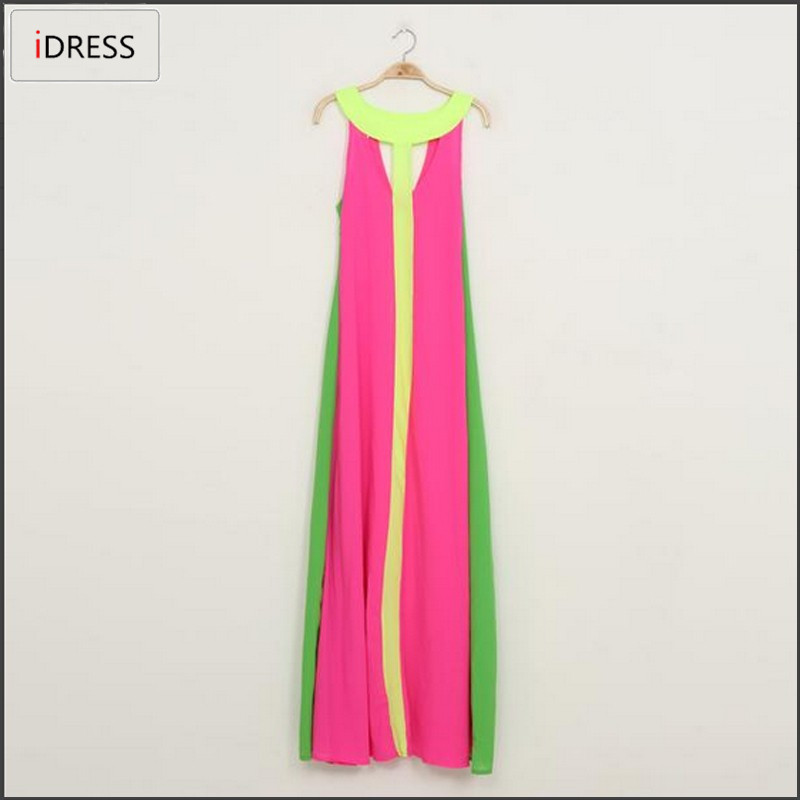 IDress Women Summer 2015 Casual Maxi Summer Dress Long Patchwork Loose Bohemian Beach Vestidos Contrast Color Chiffon Maxi Dress (1)