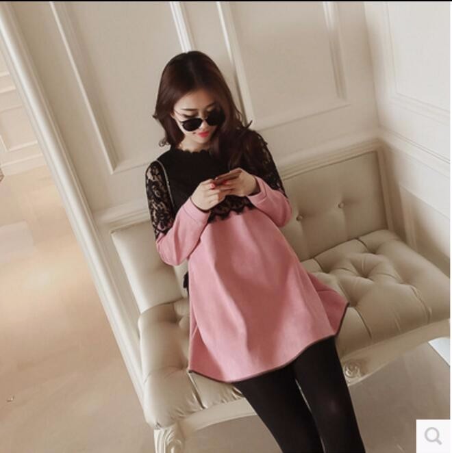 Pregnancy fashion lace stitching Top faux suede round neck loose A-line dress top Outerwear for pregnant women