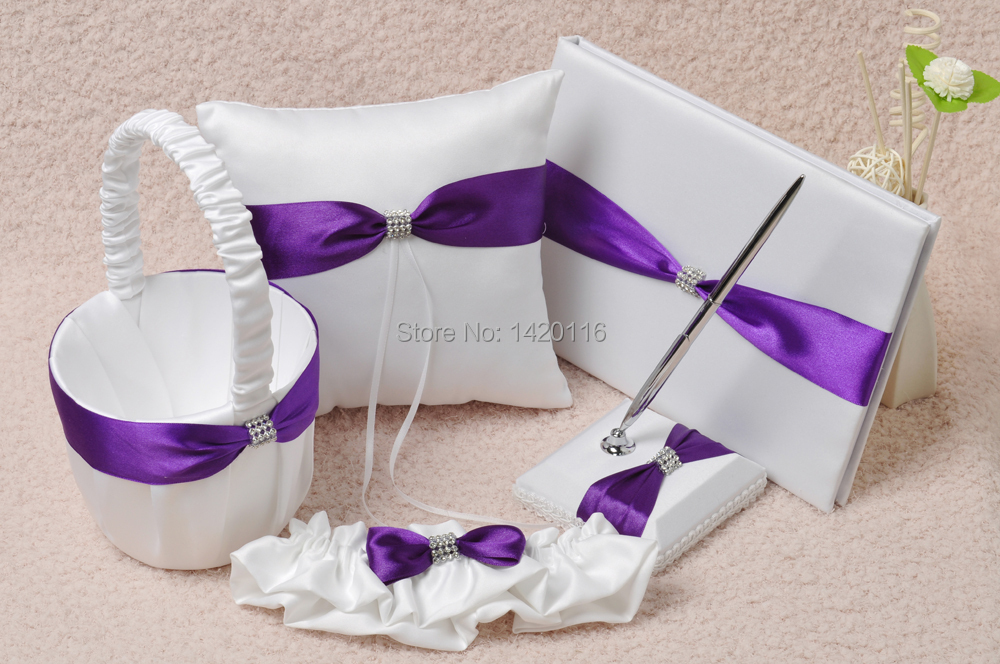 5Pcs/Set  Purple&White Wedding Guest Book and Pen Set Ring Pillow Flower Girl Basket Garter GB27