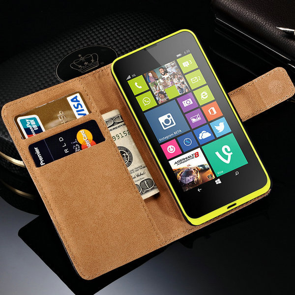 Genuine Leather Wallet Cover Case For Nokia Lumia 630 Phone Back Shell with Stand Flip Book