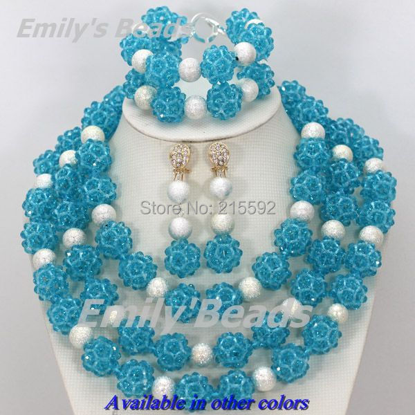 Free Shipping!African Wedding Nigerian Beads Bridal Jewelry Set 3 Layers Crystal Beads Jewelry Set Sky Blue Wholesale AJS632
