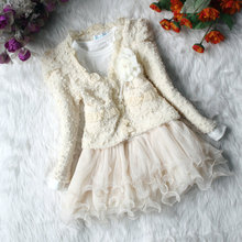 hot sale Autumn winter thunder silk long sleeve girls children suit flower princess dresses beige pink
