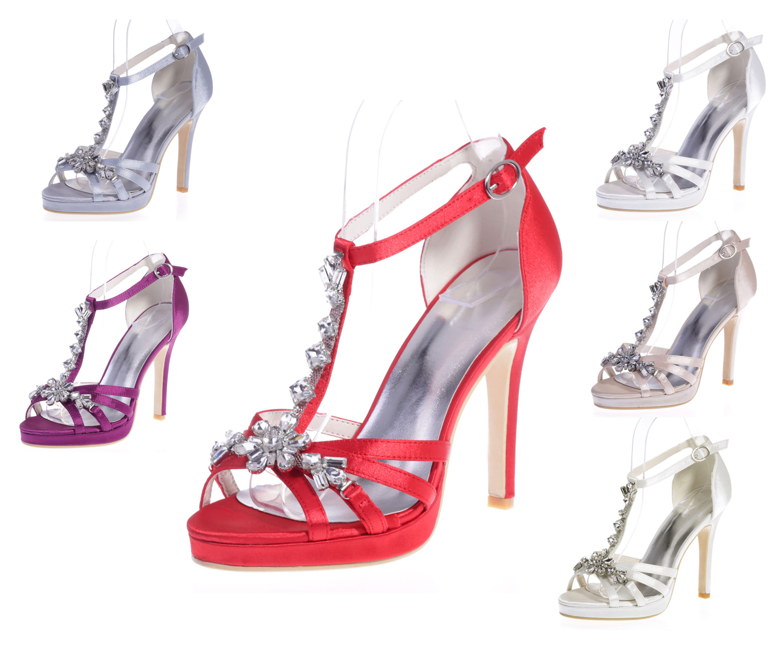 Fashion woman elegant crystal gem sandals stiletto ankle strap heels red purple white ivory champagne summer style shoes