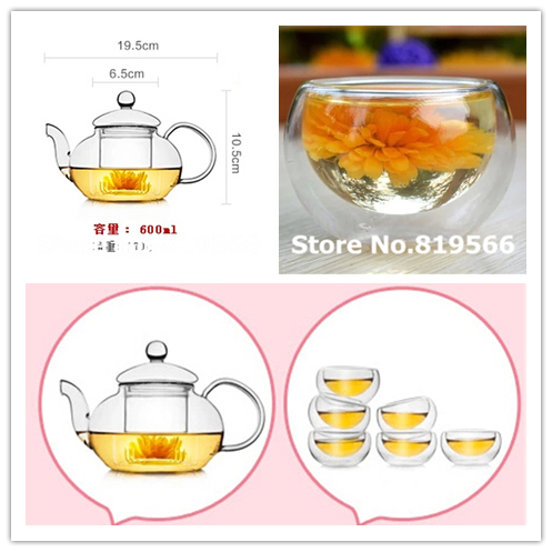 hot sale heat resistant clear glass kung fu teapot set with filter 6 double wall cups