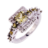 lingmei Jewelry Princess Cut Peridot & White Topaz Silver Ring Size 6 7 8 9 10 Sweet Women Present Free Shipping Wholesale